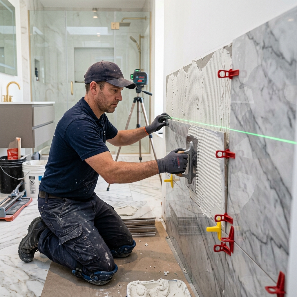 Luxury marble tiling installation in a modern master bathroom wetroom