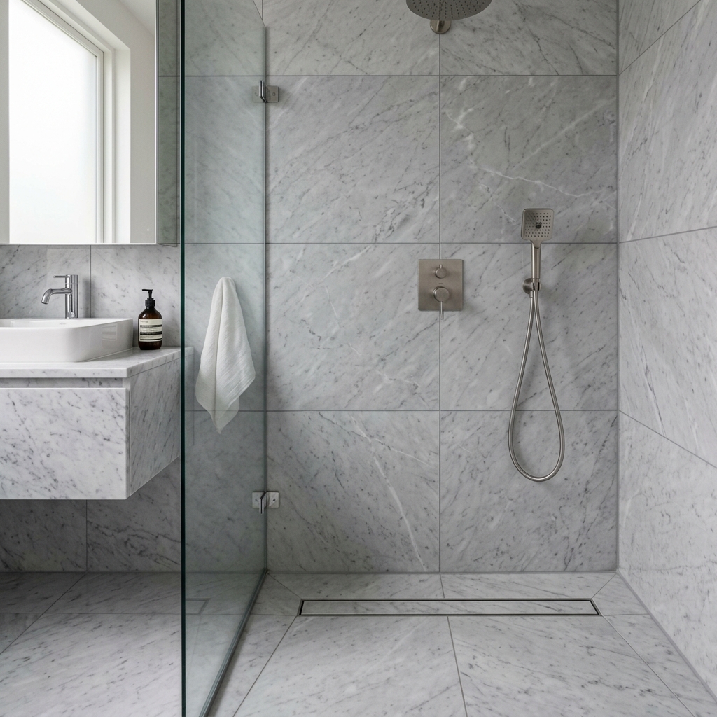 Luxurious master bathroom wall and floor marble tiling with matching shower enclosure
