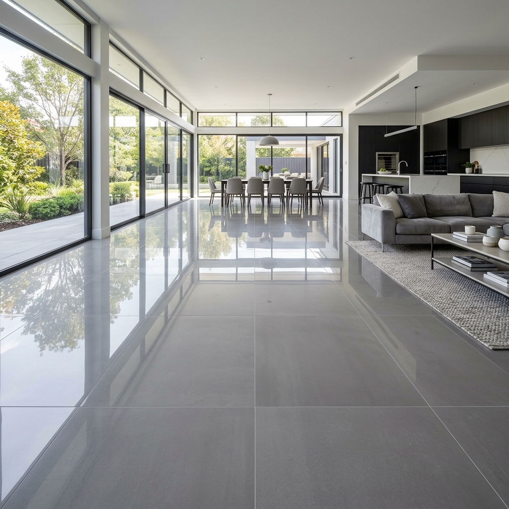 Seamless large format tiled floor in a modern open-plan living room