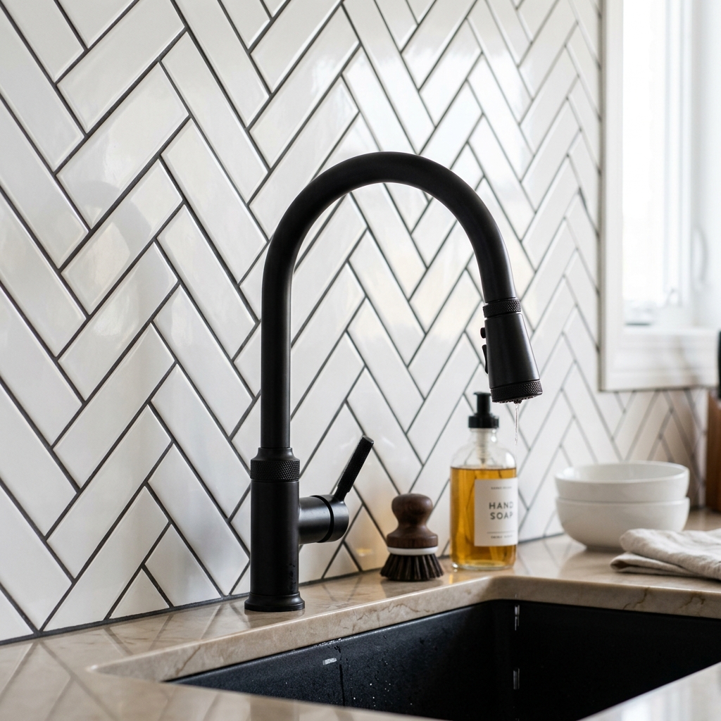 Classic modern kitchen herringbone tiles backsplash